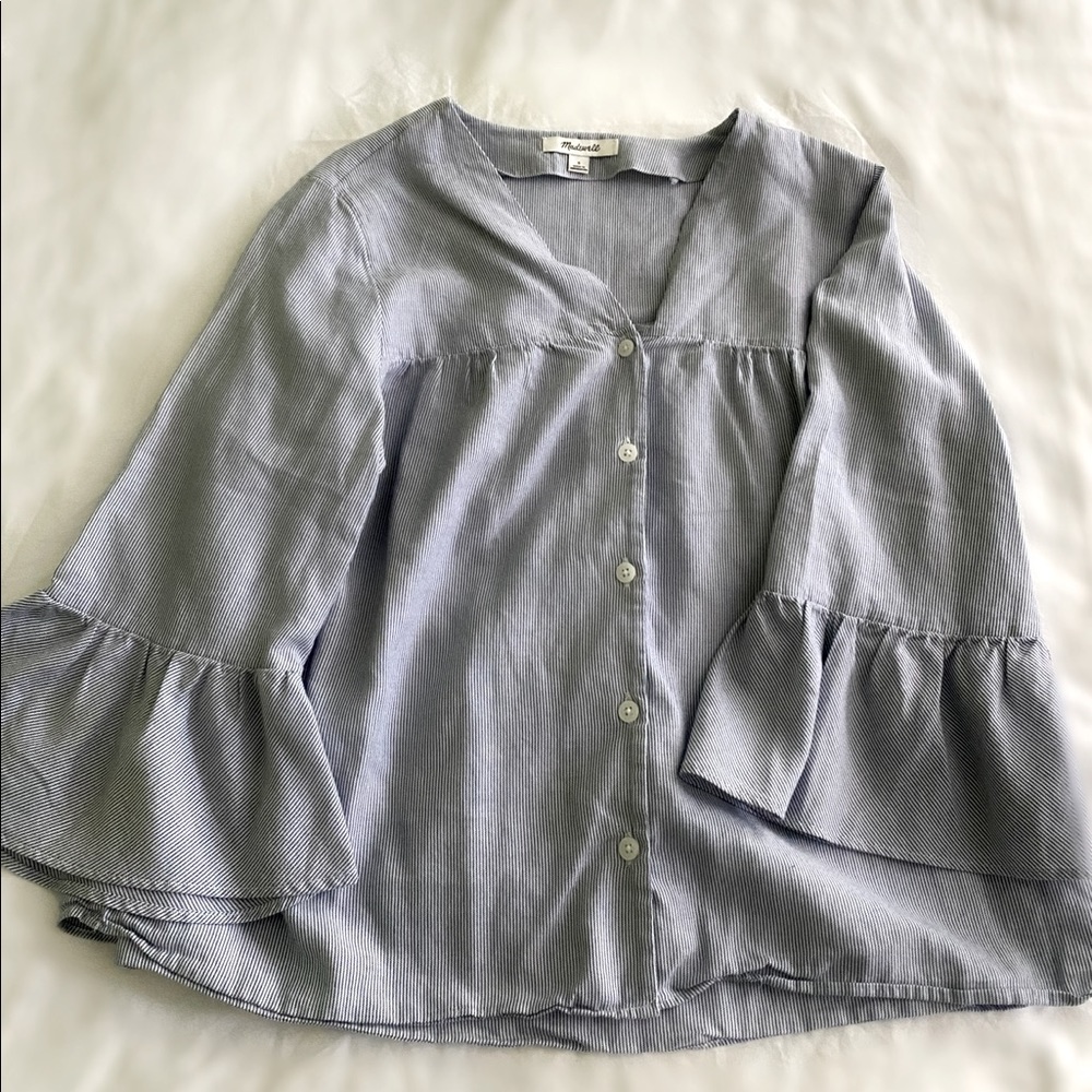 blue/white striped blouse w/ flair sleeves